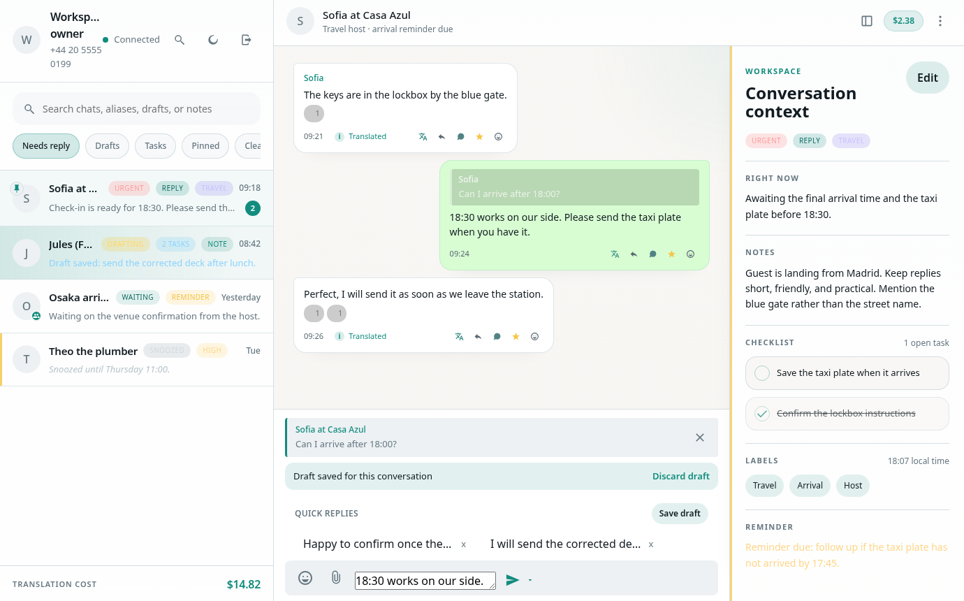 WhatsApp Translator web interface showing a demo translated conversation and its context panel